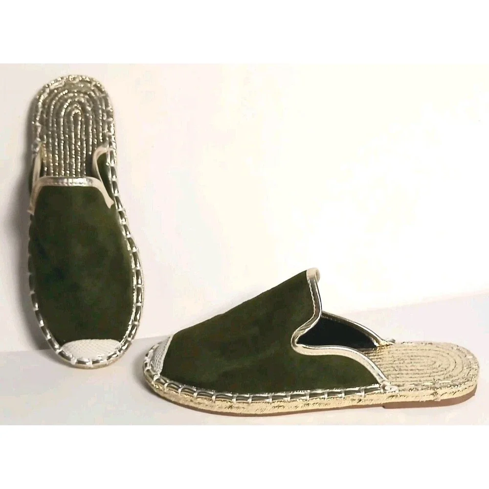 Olive Suede Espadrille Slip On Mules Gold Trim Boutique Boho Luxe Size 7